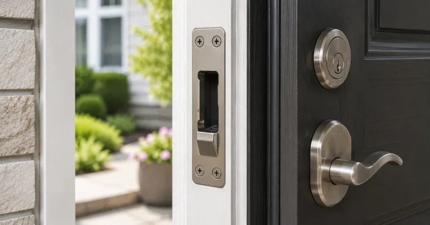 technician repairing a split door jamb near the strike plate in Glen Oak, Mount Brydges