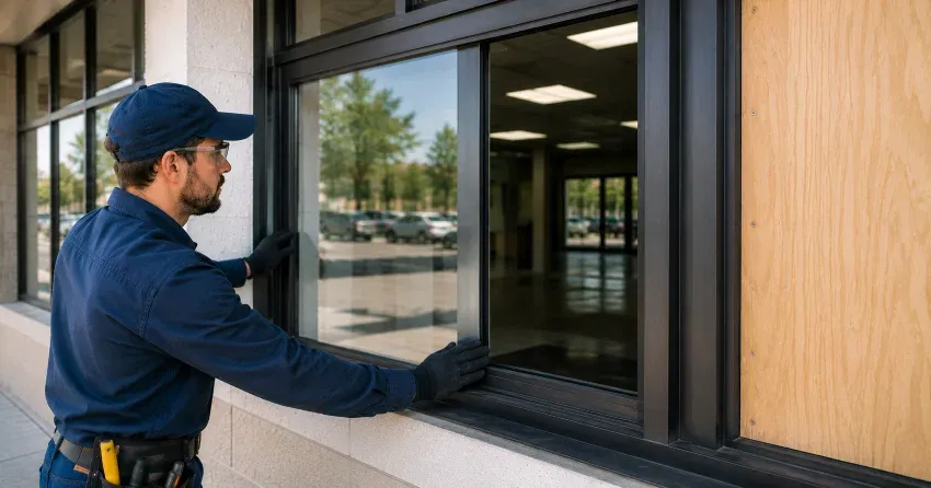 technician boarding a broken window after a break-in in Mount Brydges