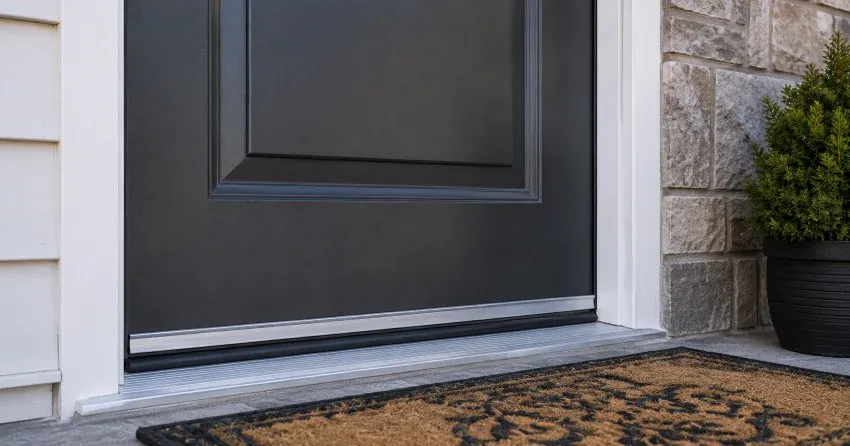 technician replacing worn door weatherstripping in Muncey, Mount Brydges home
