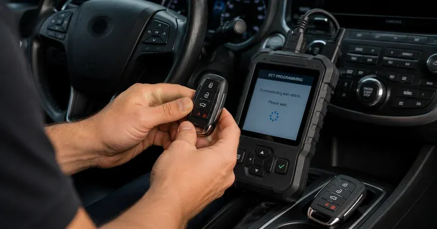 technician inspecting a worn car key before replacement in Falconbridge, Mount Brydges