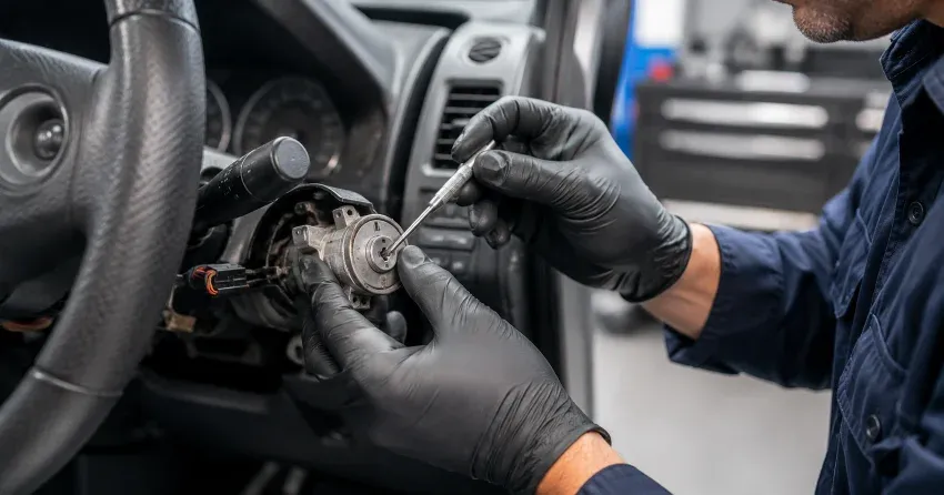 technician diagnosing an ignition lock repair issue in Falconbridge, Mount Brydges