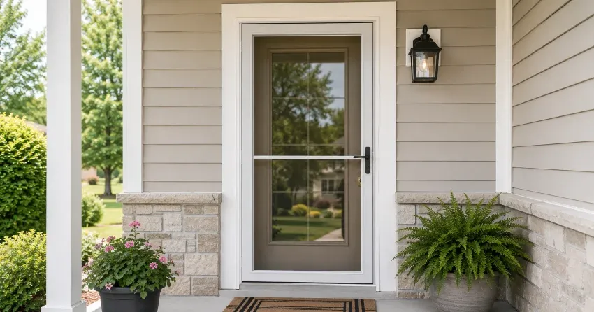 technician hanging storm door square and plumb in Mount Brydges