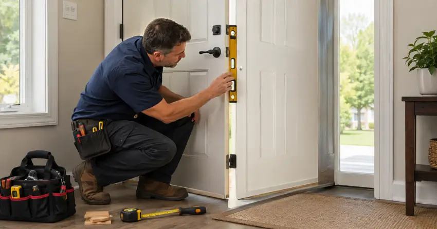 technician diagnosing a misaligned door frame in Mount Brydges