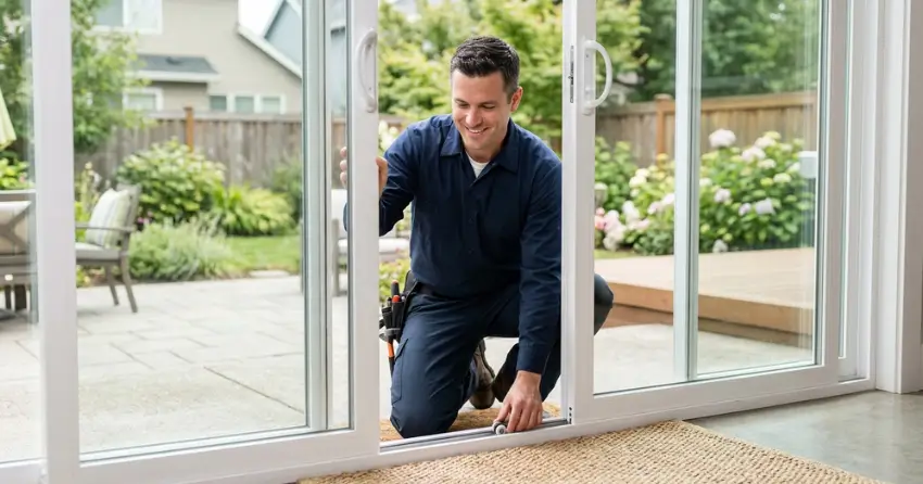 technician diagnosing a sticking patio door in Glen Oak, Mount Brydges
