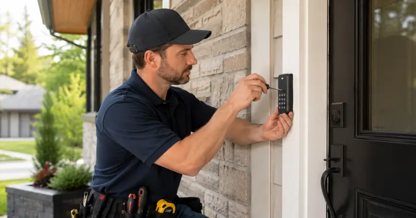 Technician installing an access control system keypad beside a residential front door in Caradoc, Mount Brydges