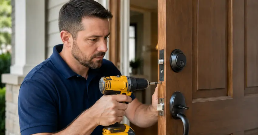 technician installing a new deadbolt during Change Door Lock Cairngorm, Mount Brydges service
