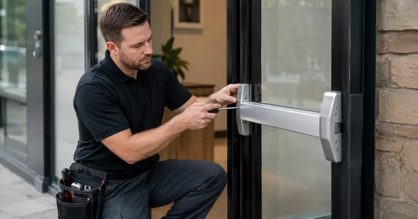 commercial locksmith repairing exit device on storefront door Cairngorm, Mount Brydges