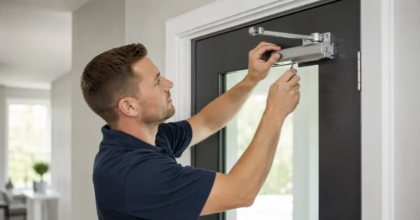 technician adjusting door closer hydraulic valve in Glen Oak, Mount Brydges home