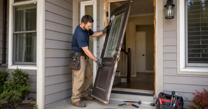 old exterior door being removed for replacement in Falconbridge, Mount Brydges