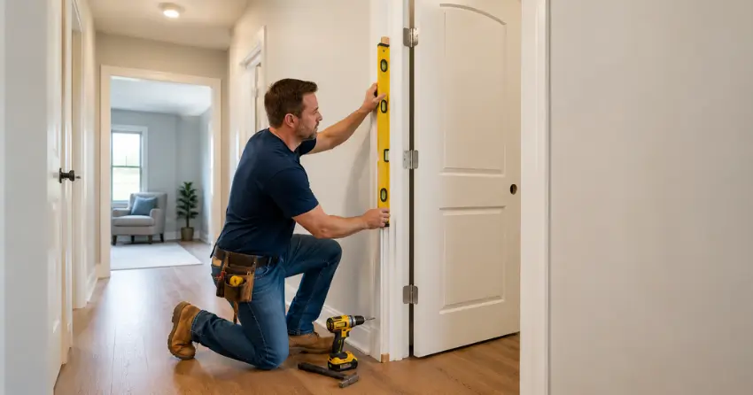 technician installing a pre-hung interior door in a home hallway Muncey, Mount Brydges