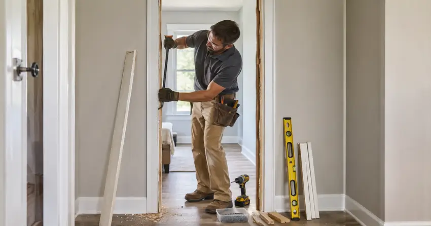 technician removing an old interior door frame during installation Muncey, Mount Brydges