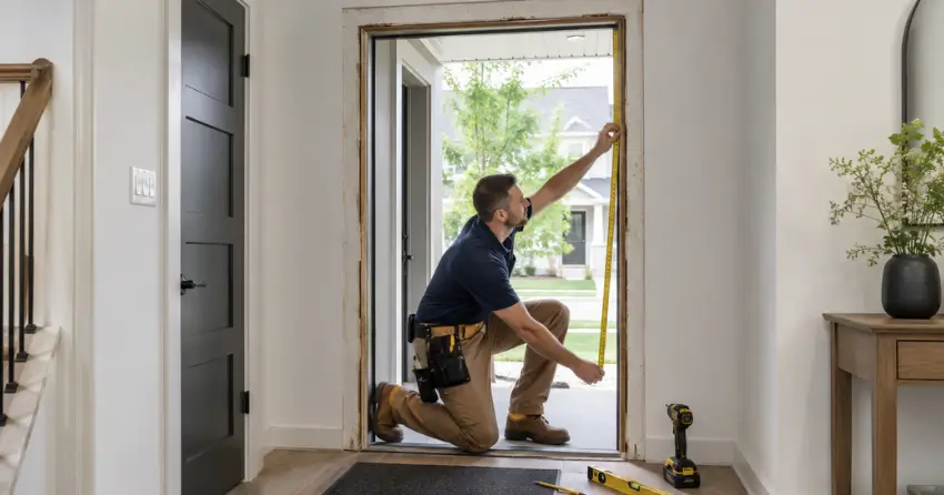 technician measuring a door frame before new door installation in Caradoc, Mount Brydges