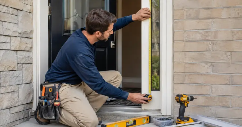 technician measuring door frame before storm door install in Mount Brydges