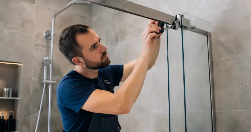 technician adjusting shower door hinge and track in Mount Brydges