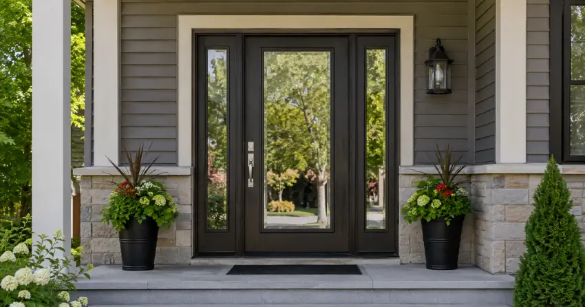 glass entry door with sidelights on a home in Cairngorm, Mount Brydges