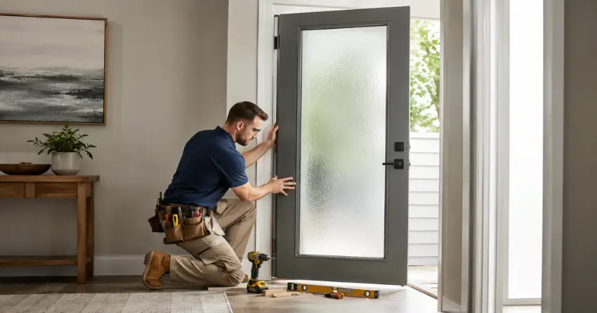 glass panel door installation with frosted privacy glass in residential setting in Falconbridge, Mount Brydges