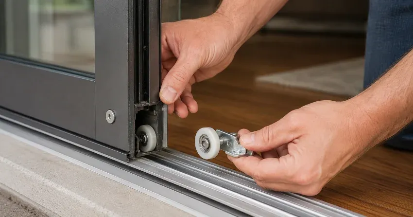 sliding door alignment Mount Brydges technician adjusting roller track