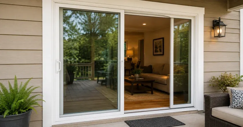 Patio Door Installation technician setting a new frame in Falconbridge, Mount Brydges