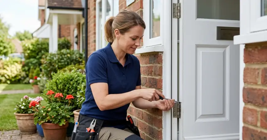 technician repairing exterior door hinge and frame in Mount Brydges