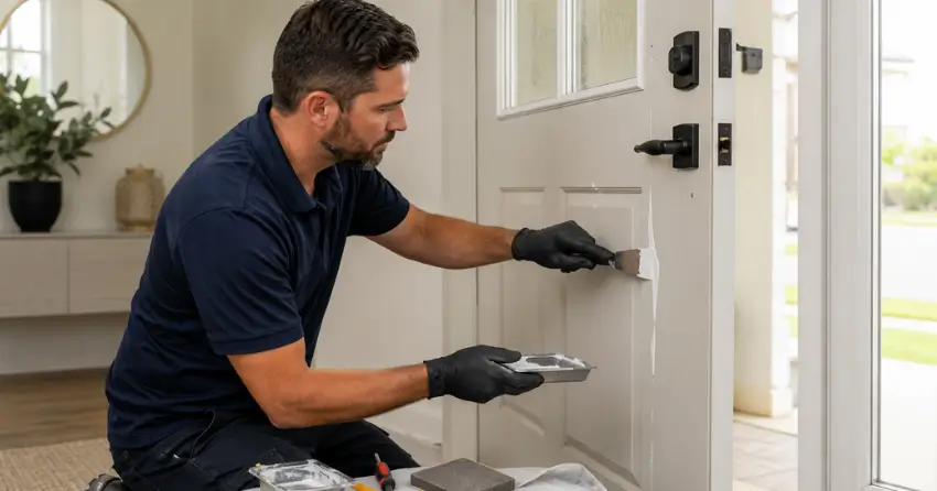 technician repairing fiberglass door surface crack in Falconbridge, Mount Brydges