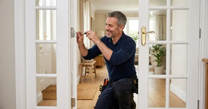 technician adjusting French door hinge for proper alignment in Caradoc, Mount Brydges