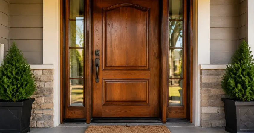 wood door mid-restoration showing stripped bare wood in Mount Brydges
