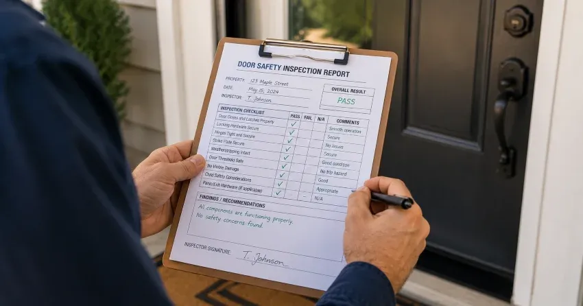 inspector checking strike plate and door frame during safety inspection in Glen Oak, Mount Brydges