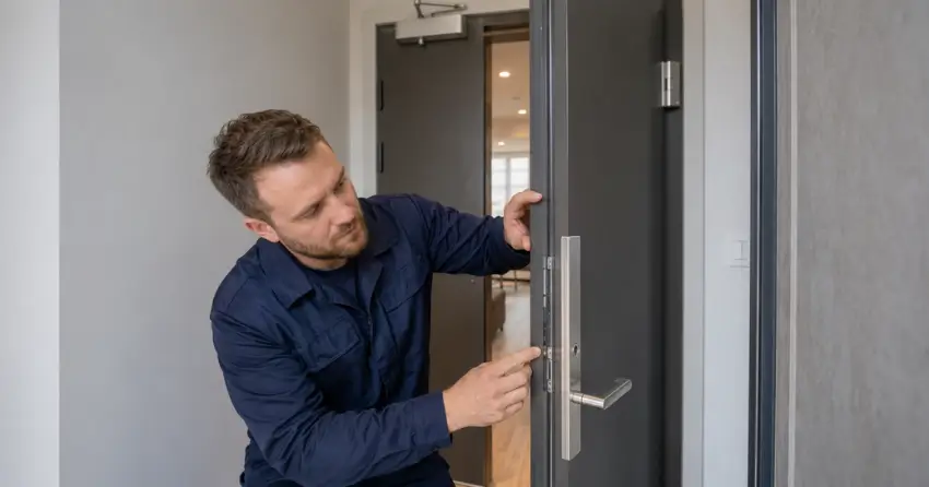 technician inspecting fire-rated door seal and hardware in Muncey, Mount Brydges