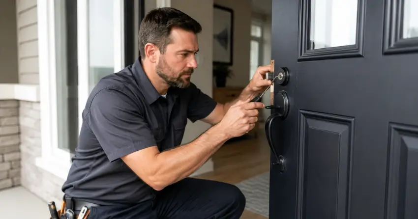 licensed locksmith technician working on residential deadbolt in Mount Brydges