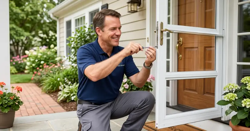technician adjusting storm door hinge and closer in Muncey, Mount Brydges