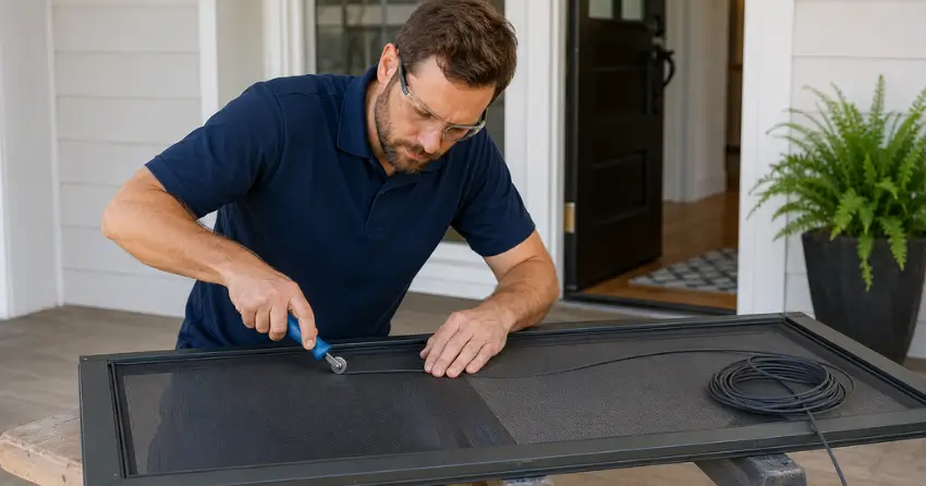 technician replacing screen door mesh and spline in Muncey, Mount Brydges