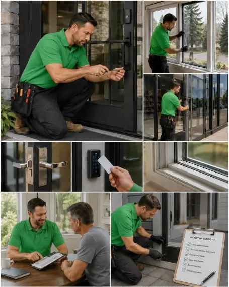 A technician fitting new locking hardware to an entry door